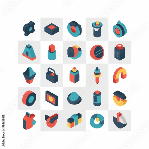 Collection of isometric icons representing various objects and symbols.