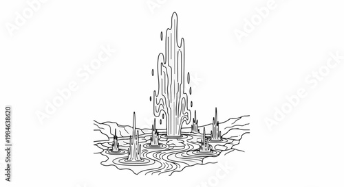 Stylized illustration of a geyser field with multiple erupting plumes and ripples
