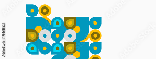 Abstract geometric shapes, teal squares with yellow circles, arranged on beige background. Minimalist design, modern aesthetic.