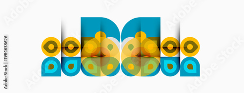 Abstract graphic design features letter M with circles, squares. Teal, yellow, beige colors dominate composition. Modern aesthetic.