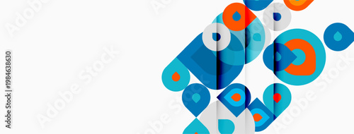 Abstract geometric shapes overlap, creating dynamic composition. Blue, orange, teal colors dominate white background. Modern design elements present.