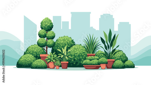 Grouping of various green potted plants, bushes, and shrubs of different shapes and sizes against a hazy blue city skyline background.