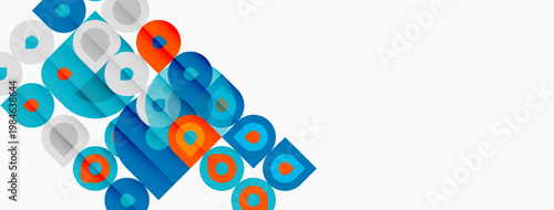 Abstract geometric shapes overlap, creating vibrant color blocks. Blue, orange, gray tones dominate composition. Minimalist design.