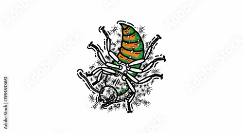 Stylized insect with orange and green segmented body surrounded by small creatures