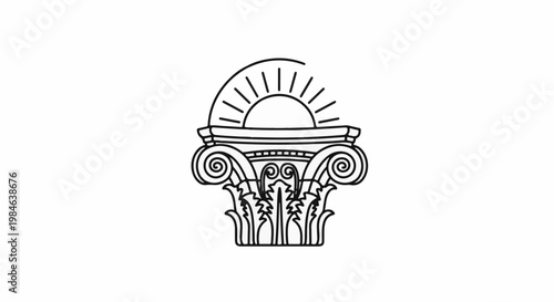 Stylized Ionic column capital with rising sun