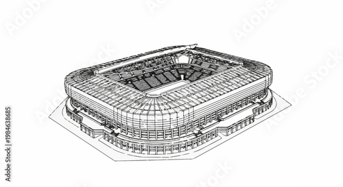 Stylized isometric line drawing of a large, modern sports stadium with a grandstand