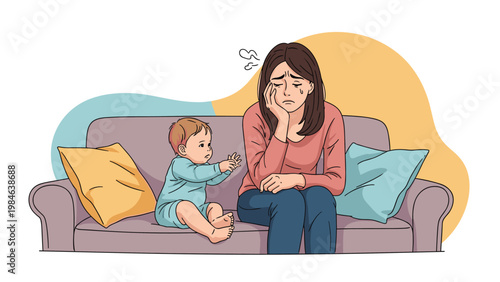 Stressed mother sitting on sofa with headache while toddler plays nearby illustrating parental exhaustion and burnout.