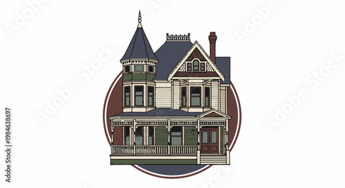 Stylized illustration of a grand Victorian home with a prominent turret and porch