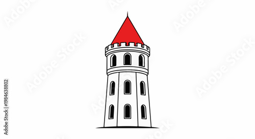 Stylized illustration of a medieval tower with crenellations and a pointed red roof