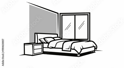 Stylized illustration of a modern bedroom with a large window and nightstand
