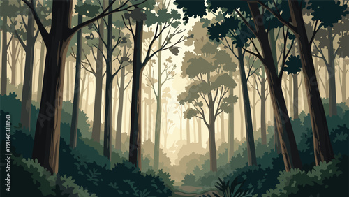 Atmospheric pixel art forest with tall trees and dense undergrowth illuminated by soft sunlight through the canopy.