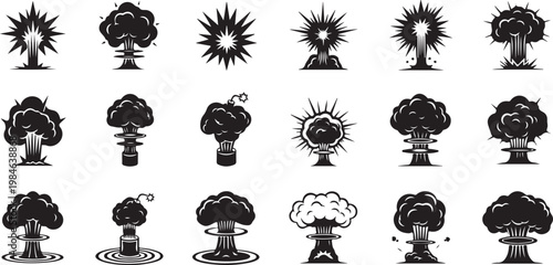 Explosion, blast, boom, nuclear icons, 20 black and white symbols