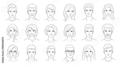 Collection of Diverse Hand Drawn Portraits of People.