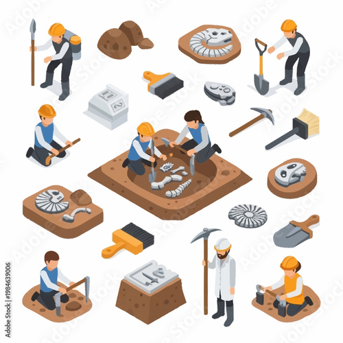 Archaeologists excavating fossils and artifacts from dig sites.
