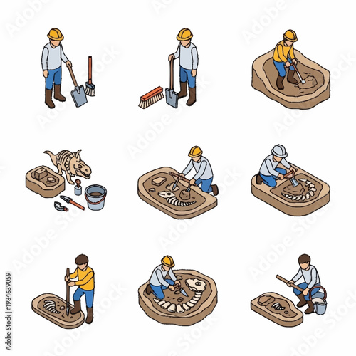 Paleontologists Excavating Dinosaur Fossils in Dig Sites.