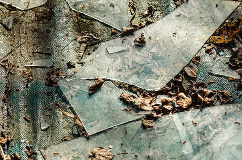 Large pieces of broken glass on ground with dirt and leaves. Crime scene, vandalism, danger concept.
