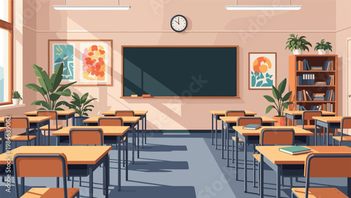 Empty modern classroom interior with desks chairs and large blackboard showing school environment and educational setting.
