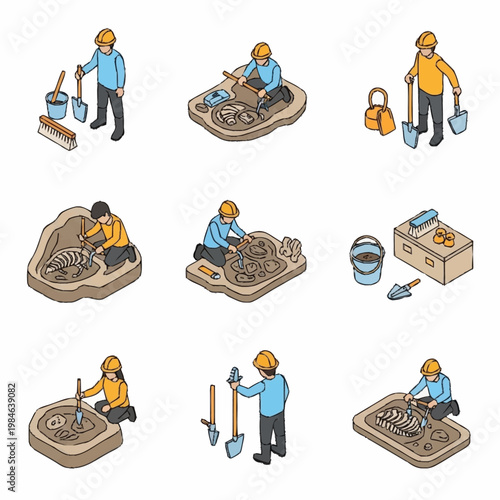 Archaeological Dig Site Illustrations Showing Excavation and Discovery.