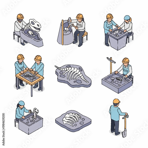 Paleontologists excavating dinosaur fossils in a dig site illustration.