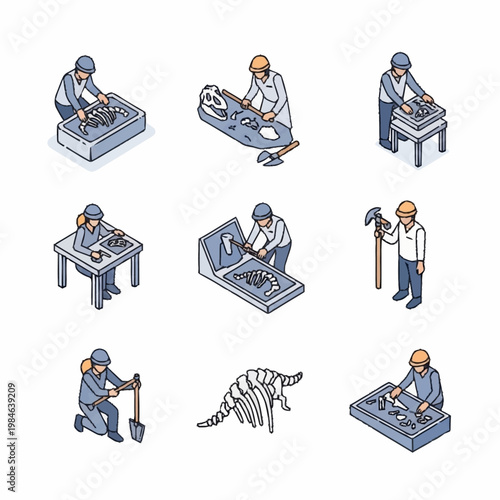 Paleontologists excavating dinosaur fossils and assembling skeletons.