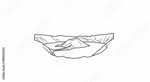 Stylized line art drawing of a volcanic island in a lake