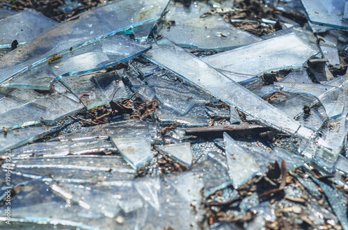 Shattered glass pieces outdoors among dirt and dry leaves. Sharp fragments, hazardous texture.