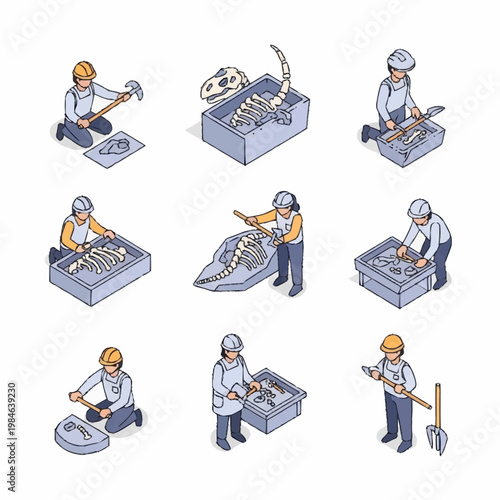 Paleontologists excavating dinosaur fossils in a dig site illustration.