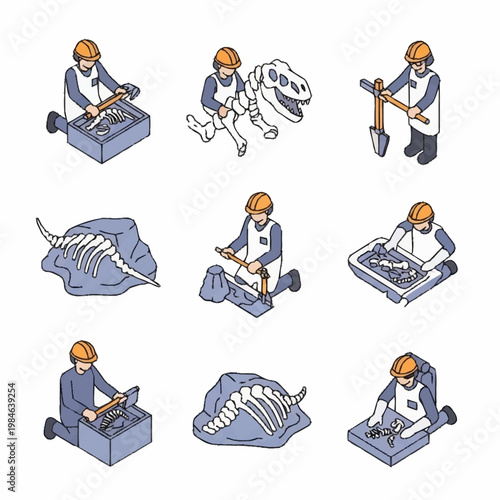 Paleontologist excavating dinosaur fossils in isometric style.