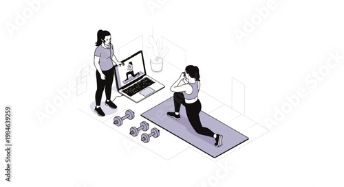 Isometric Illustration of Online Personal Training and Home Workout with Laptop and Yoga Mat