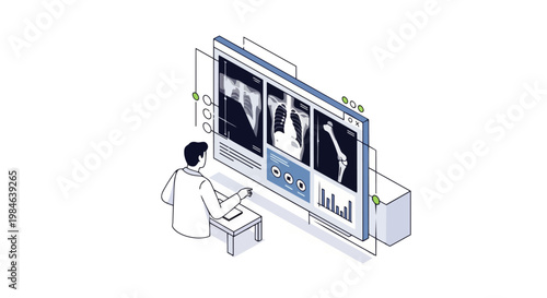 Isometric Medical Doctor Analyzing Digital X-ray Scans and Patient Data on a Modern Healthcare Dashboard
