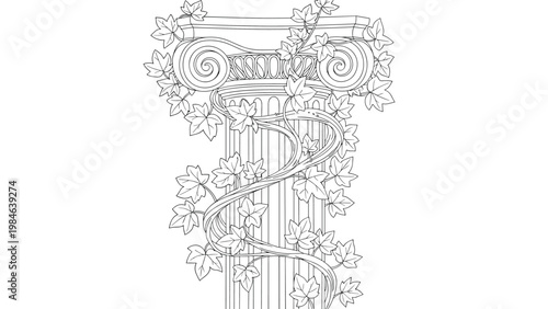 Detailed line art of classical Corinthian column capital overgrown with ivy vines and leaves in black and white sketch.
