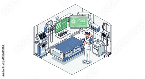 Isometric Hospital Room Illustration with Nurse and Advanced Medical Technology in a Modern Intensive Care Unit