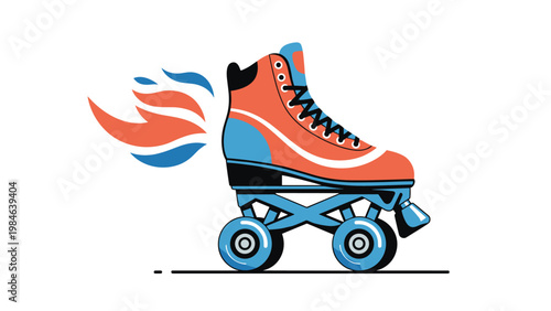 Retro roller skate in vibrant orange and blue colors with stylized flames coming from back in a fun vector design.