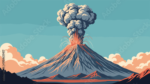 Powerful volcanic eruption with massive smoke plume and fire against a dramatic orange and blue sunset sky.