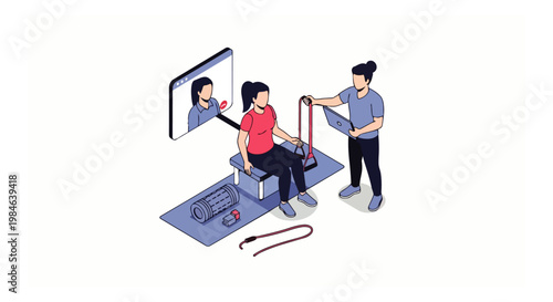 Telehealth Physical Therapy Isometric Illustration: Remote Rehabilitation with Patient, Therapist, and Online Consultation for Healthcare and Recovery