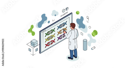 Isometric Biotechnology Scientist Researching Genetic DNA Sequences on Large Digital Screen - Vector Illustration of Science and Laboratory Innovation