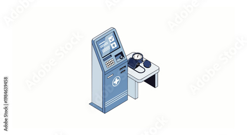 Isometric Medical Self-Service Kiosk with Blood Pressure Monitor and Digital Health Interface