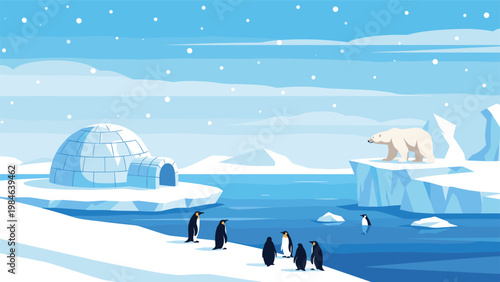 Arctic landscape with igloo on ice floe polar bear and several penguins illustrating cold polar environment.