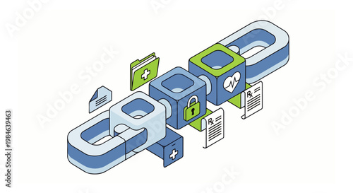 Blockchain Technology in Healthcare Isometric Illustration for Secure Patient Data, Digital Medical Records, and Healthcare Supply Chain Management