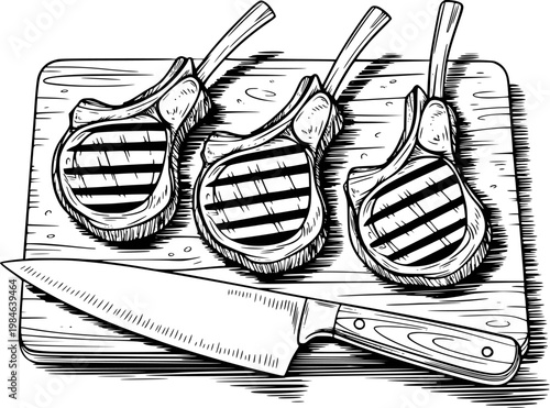 Grilled Pork Chops with Bone Wooden Board Next to Knife meat