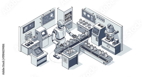 Isometric Robot Working on Pharmaceutical Production Line in Modern Smart Factory Laboratory