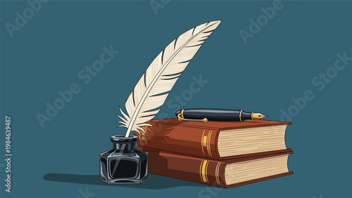 Traditional writing set featuring two antique books inkwell with quill pen and a fountain pen on a blue background.