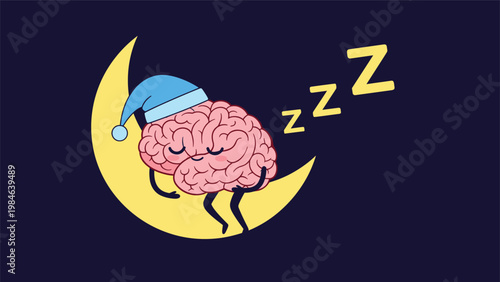 Cartoon brain character wearing sleeping cap napping on a yellow crescent moon showing rest and sleep function.