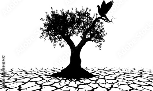 Resilient Olive Tree Silhouette: Growth in Dry Ground with Peace Dove Vector, Stability and Environmental Hope Concept Icon
