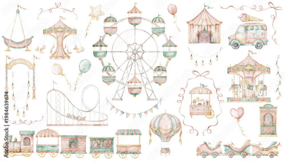 Naklejka premium Amusement park watercolor illustrations set with Ferris wheel and Carousel in soft pastel colors. Clipart with air balloon, attractions, garlands for childish design or baby shower invitations.