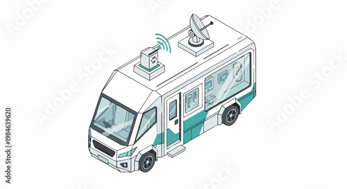 Isometric Mobile Communication Van with Satellite Dish and High-Tech Equipment for Remote Broadcasting