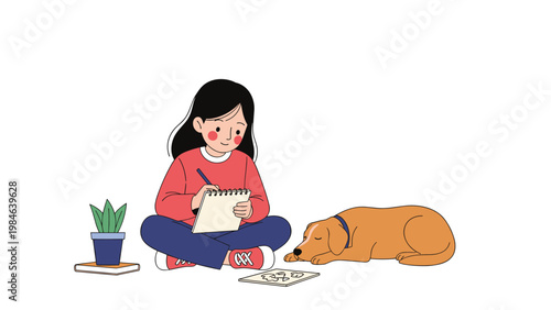 Young girl sitting on floor drawing in notebook while her faithful golden retriever dog sleeps peacefully beside.