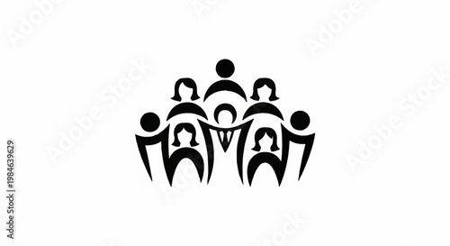 Stylized black figures forming a semi-circular group embrace