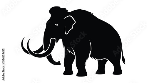 Solid black silhouette of prehistoric woolly mammoth with long curved tusks shown in a side profile view.