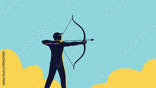 Silhouette of an archer aiming bow and arrow against a blue sky background with stylized yellow hills or clouds.